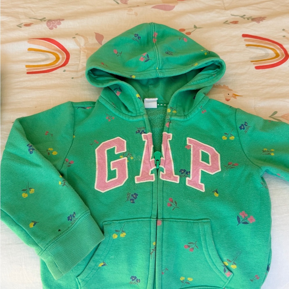 GAP Green Hooded Zip Sweatshirt with Pink Logo